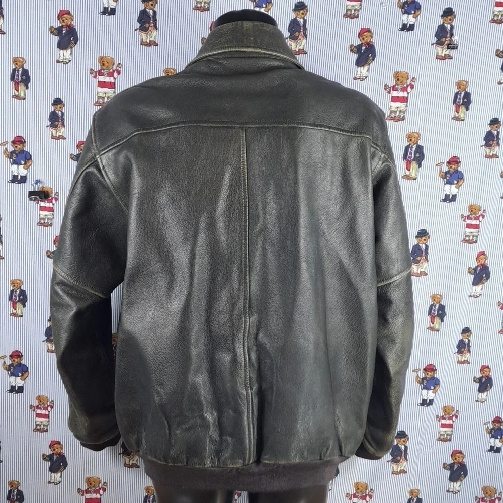 Vintage L.L.Bean flap pocket full zip distressed XL brown leather lined jacket